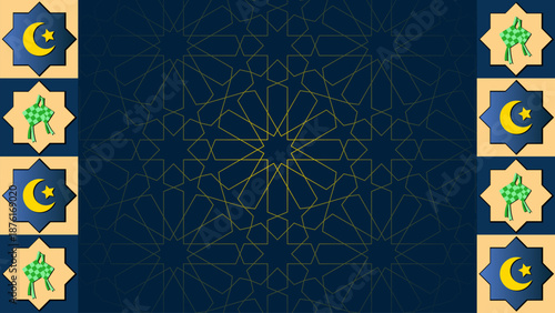 Elegant Festive Islamic Celebration Background with Traditional Ketupat and Golden Crescent Moons for Greetings