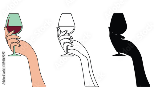 An illustration of a hand holding a wine glass in different styles and colors