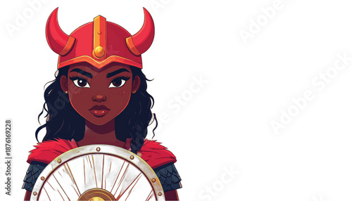 Viking Warrior Woman with Shield and Horned Helmet.