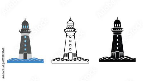 Three different colored lighthouses standing tall on rocky shores by the sea