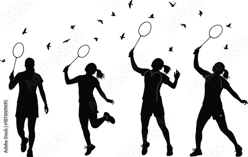 Silhouette of badminton players in action, dynamic poses, outdoor sport, flying birds, black figures, motion, energy, gesture, nature scene