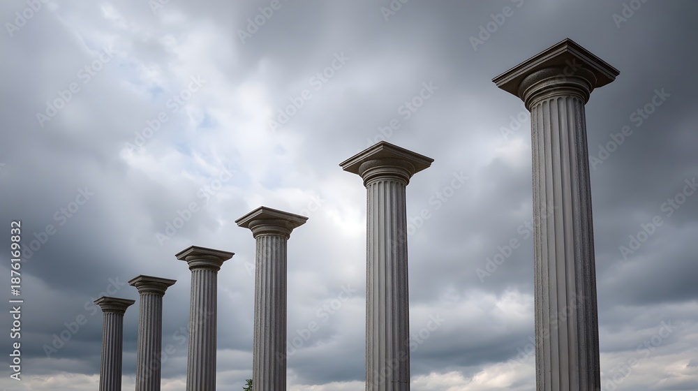 Fototapeta premium A line of classical pillars against a dramatic overcast sky symbolizing strength and progress