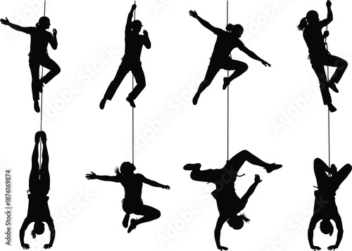 Silhouette set of aerial rope acrobats, dynamic poses, suspended movement, black figures, athletic gesture, performance art, balance, motion, training