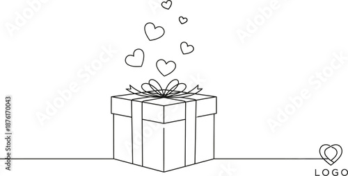 Minimalist line art drawing depicts a beautifully wrapped present box releasing several floating hearts symbolizing love and affection on a plain background