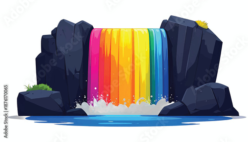 Vibrant Rainbow Waterfall Cascading Between Dark Rocks Illustration.
