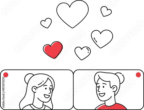 Cartoon depiction of a happy couple connecting through a video call application while receiving virtual heart reactions symbolizing online romance or dating success.