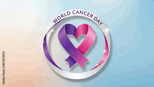 World Cancer Day commemoration features a symbolic heart shape formed by intertwined pink and purple awareness ribbons within a circular frame