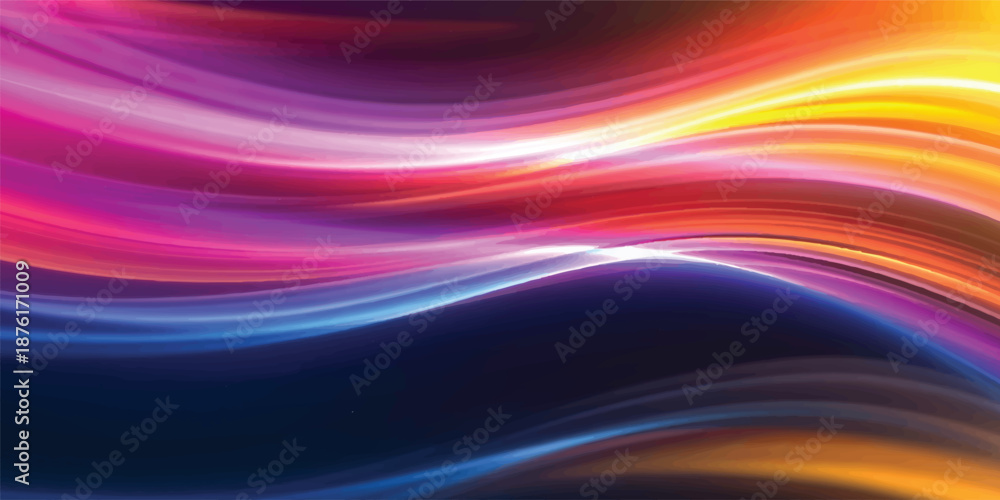 Obraz premium An abstract purple background features flowing colorful waves and a blurred texture that creates a sense of motion and energy through a vibrant pattern of blue and green light lines