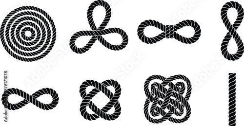 Black silhouette set of nautical rope knots, twisted cord borders, nautical loops, marine hemp twine spirals, and decorative infinity knots.