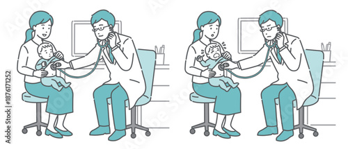 聴診器で赤ちゃんを診察する男性医師のイラストセット（白衣・小児科・通常と泣き顔）