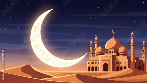 Crescent moon and mosque in desert landscape at night Islamic architecture and Ramadan concept vector illustration