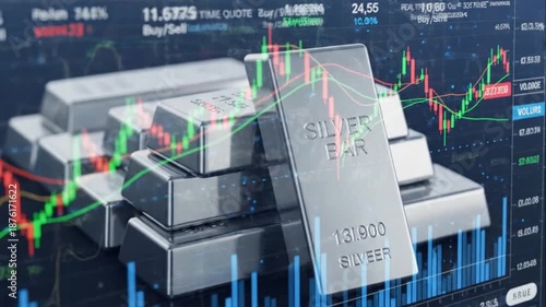 Wallpaper Mural Silver Bars Stacked on Digital Trading Screen with Live Stock Chart Torontodigital.ca