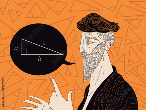pythagoras explaining his theorem orange amphora style