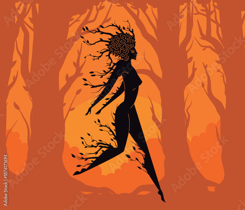 dryad woman tree greek mythology orange amphora style