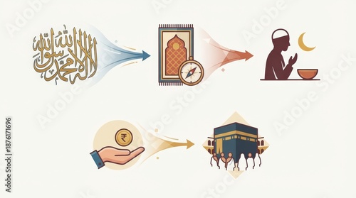 Visualization of the Five Pillars of Islam displaying key religious practices such as Shahada Salat Zakat and Hajj in a modern flat design infographic style , Perfect Any Project.