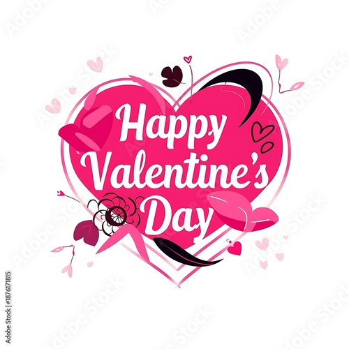 This image features a vibrant and festive illustration celebrating Valentine's Day. At the center is a large pink heart with the words 'Happy Valentine's Day' elegantly inscribed in white cursive lett