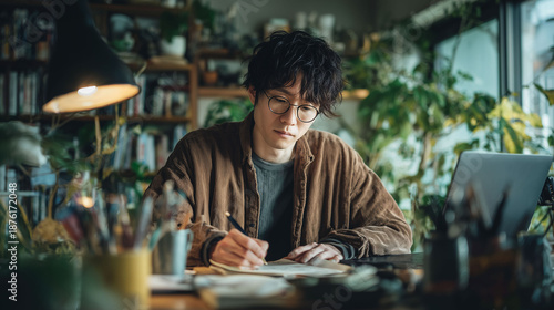 アイデアを文章に落とし込む男性作家の在宅執筆ワーク