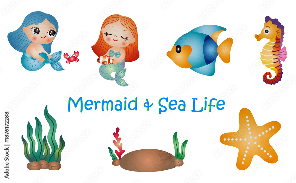 Fototapeta premium Cute mermaid with Sea life elements illustration set. watercolor hand drawn style.