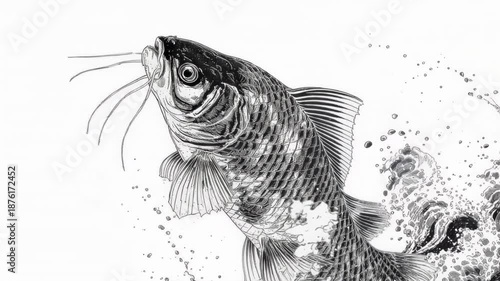 Black and white ink illustration of a swimming koi carp with dynamic splash.