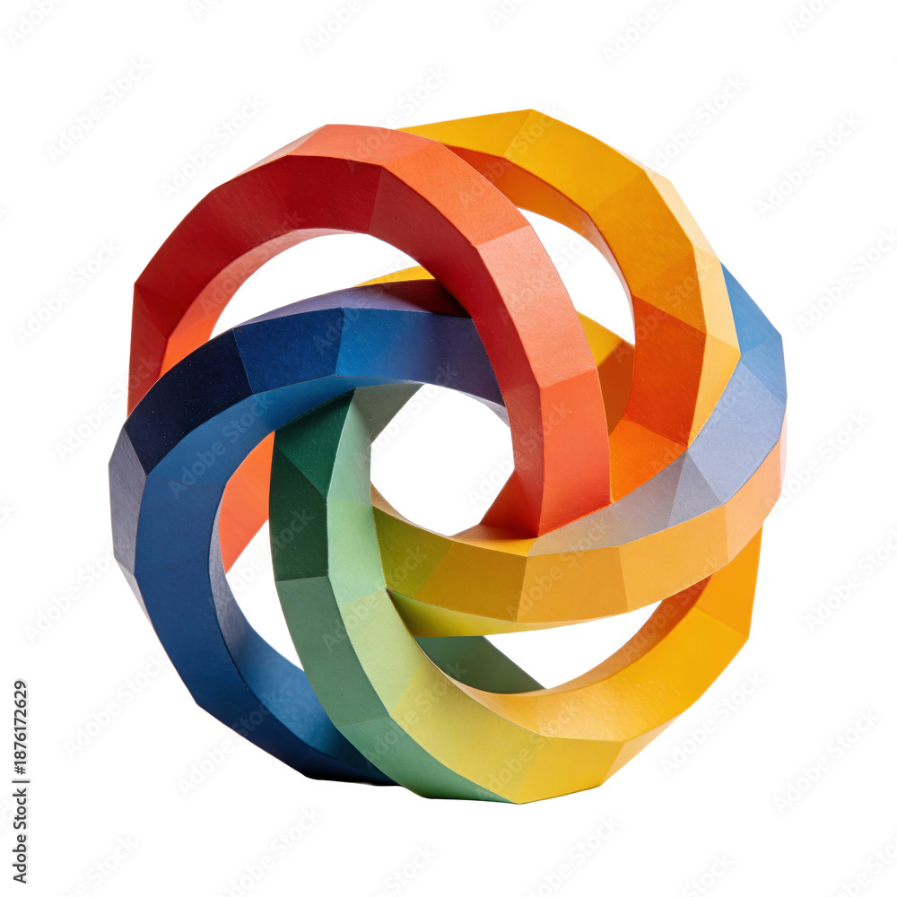 Fototapeta premium Abstract 3D geometric knot sculpture with rainbow colors, polyhedral forms, interlocking rings, and symmetric design, showcasing artistic creativity and modern decorative artistry.