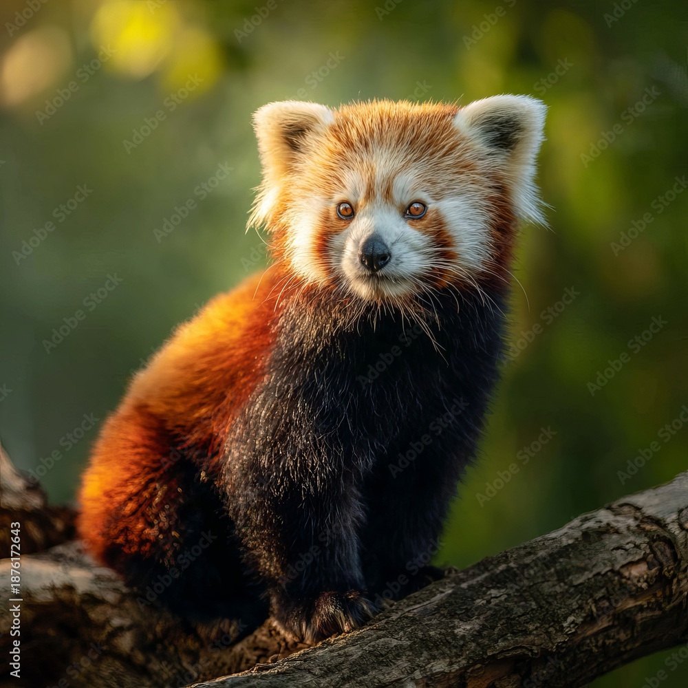 Fototapeta premium Red panda perched on a tree branch in soft light animal