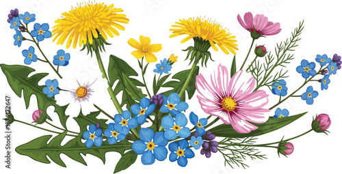 Colorful floral arrangement with dandelions, cosmos, and forget-me-nots