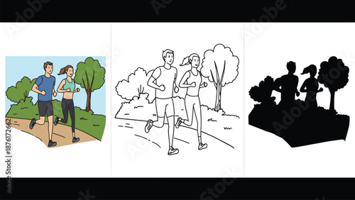 A couple of people jogging together in different illustration styles outdoors