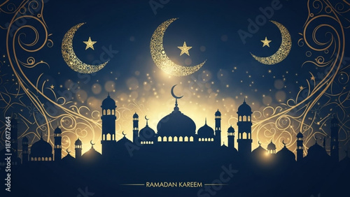 Ramadan Kareem mosque silhouette with crescent moons and stars Islamic celebration background with golden ornate details and bokeh lights