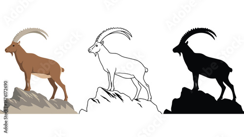 An illustration of a mountain goat in three different styles on a rock