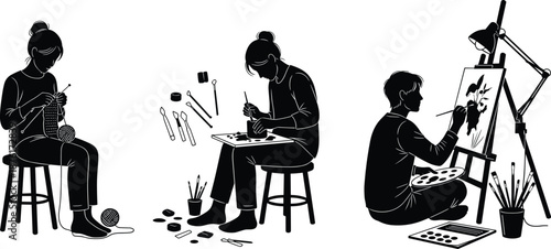 Black Silhouettes of People Engaging in Creative Hobbies Including Knitting Pottery Making and Painting for Artistic Expression and Handcrafted Leisure Activities