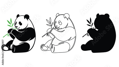 Three panda bears in different styles eating bamboo shoots on white background