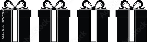Black Silhouettes of Four Gift Boxes with Ribbons and Bows in a Row for Christmas Birthday Holiday Celebration and Surprise Concept