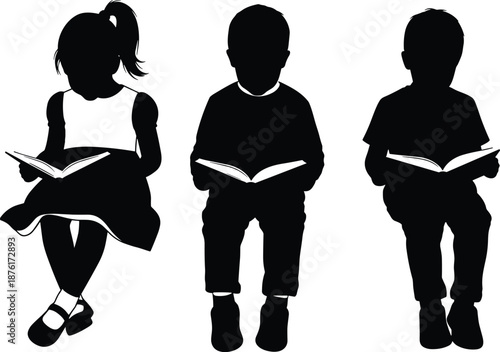 Silhouettes of Three Young Children Sitting and Reading Books Together Concept for Early Childhood Education Literacy Learning and Back to School