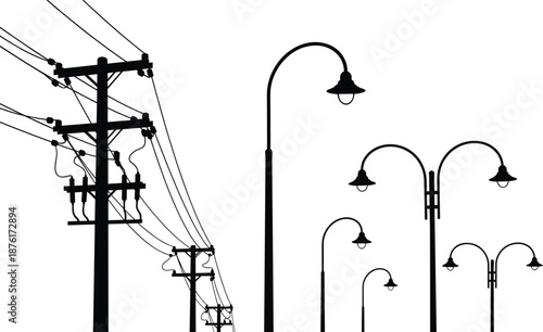 Black Silhouettes of Electric Utility Poles with Wires and Various Street Lamp Posts for Urban City Infrastructure Lighting and Power Distribution