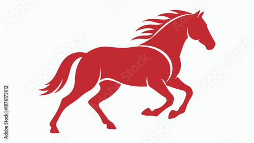 A vibrant red stylized horse illustration galloping with its mane and tail flowing.