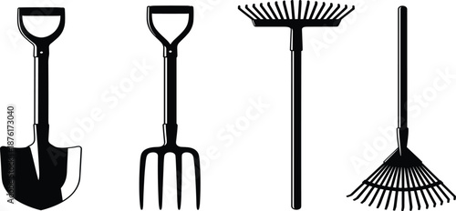 Black Silhouette Set of Gardening and Agricultural Hand Tools Including Shovel Pitchfork and Rakes Isolated on White Background Vector Illustration