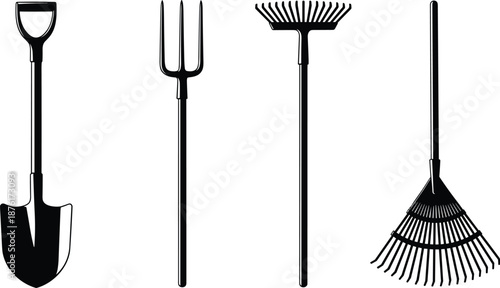 Black Silhouette Set of Gardening and Farming Hand Tools Including Shovel Pitchfork and Rakes Isolated on White Background for Agricultural Design