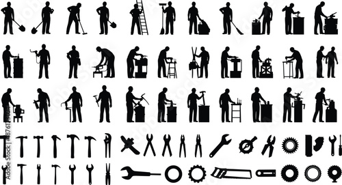 Collection of Industrial Construction Worker Silhouettes and Hardware Tool Icons Set for Professional Manual Labor Maintenance and Repair Service Design
