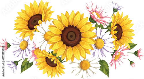 Colorful sunflowers, daisies, and chrysanthemums floral arrangement