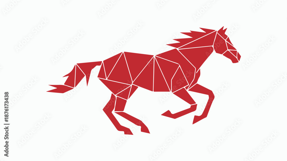 Obraz premium Red geometric polygonal horse running on a white background, stylized animal art.
