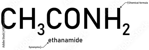 Ethanamide chemical formula with callout titles