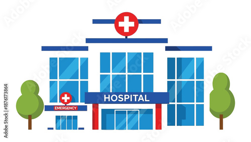Modern flat design illustration of a hospital building with red cross and emergency entrance