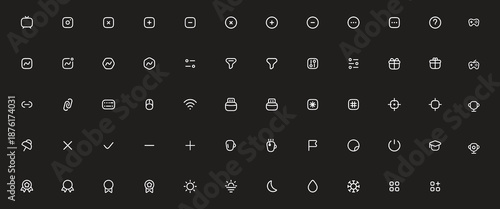 Collection of thin line design icons on a dark background