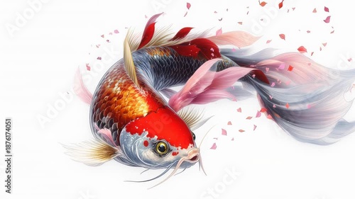 Colorful koi carp swimming with flowing fins and petals.