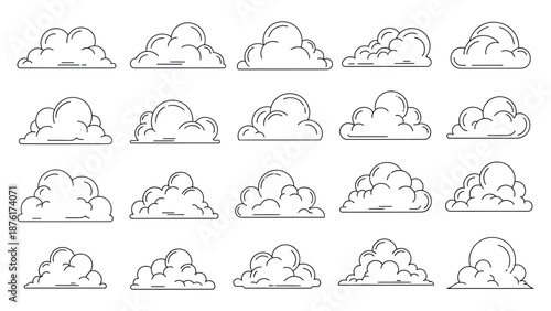 Collection of cloud icons in outline illustration showing various weather formations