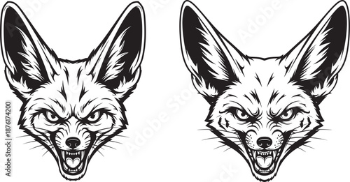 Vector illustration Snarling Fennec Fox Head Illustrations Aggressive Wild Animal Face with Large Ears