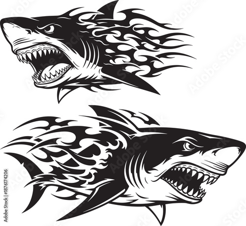 Vector illustration Aggressive Flaming Shark Head Illustrations with Open Jaws and Sharp Teeth Sports Mascot