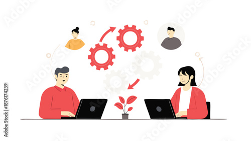 Business team collaborating on laptops with gear icons and coworkers