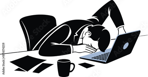 Minimalist flat vector of a stressed office worker sleeping at a desk