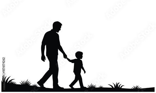 Silhouette of a father holding his young son's hand as they walk together on a grassy path, symbolizing paternal love, guidance, and the precious moments of childhood.